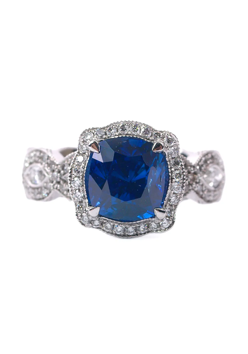 Katharine James Bella's Love Platinum Cushion Sapphire Ring