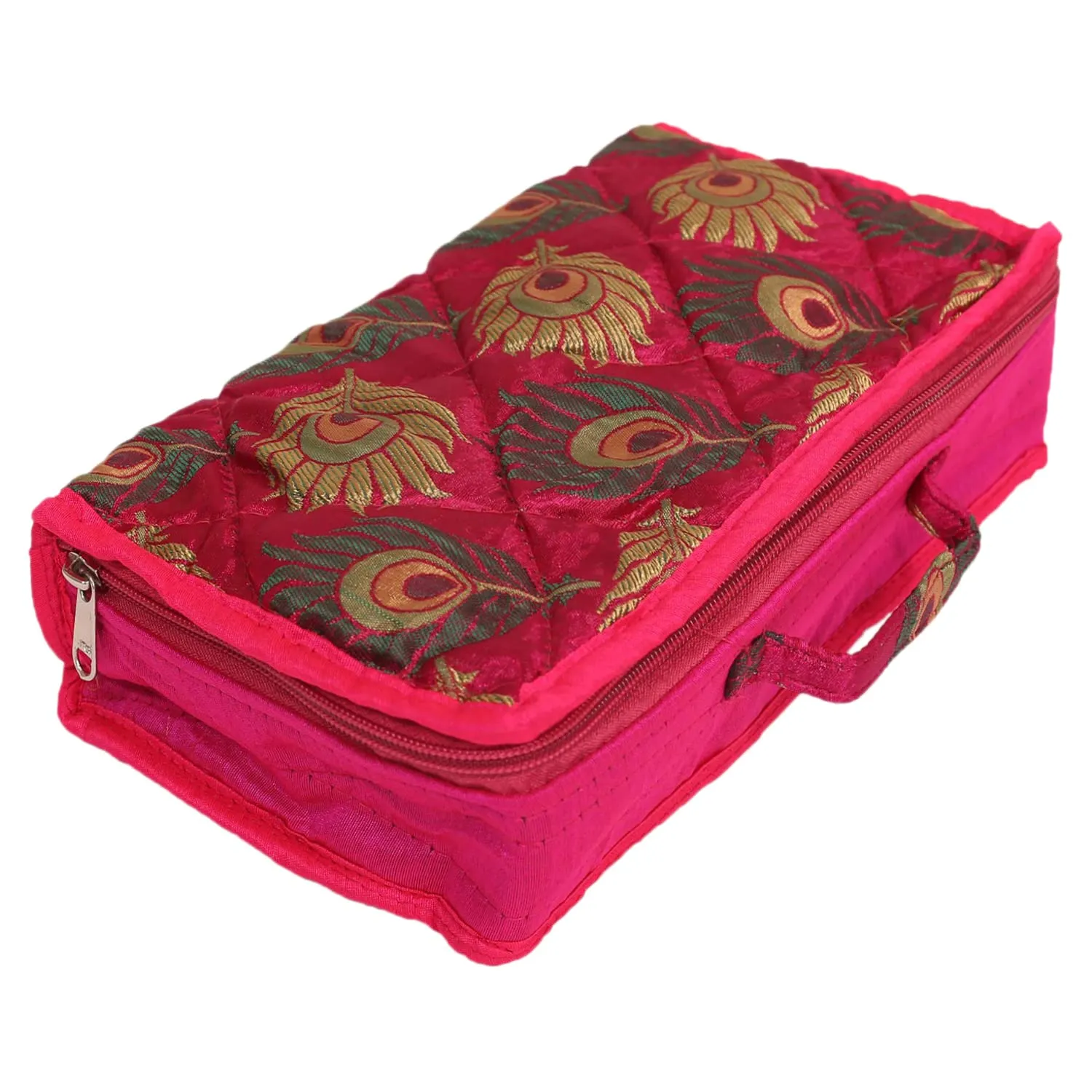 Kuber Industries Feather Print Satin Jewellery Organizer For Small Jewellery With 4 Pouches Pack Of 2 (Pink) 54KM4063