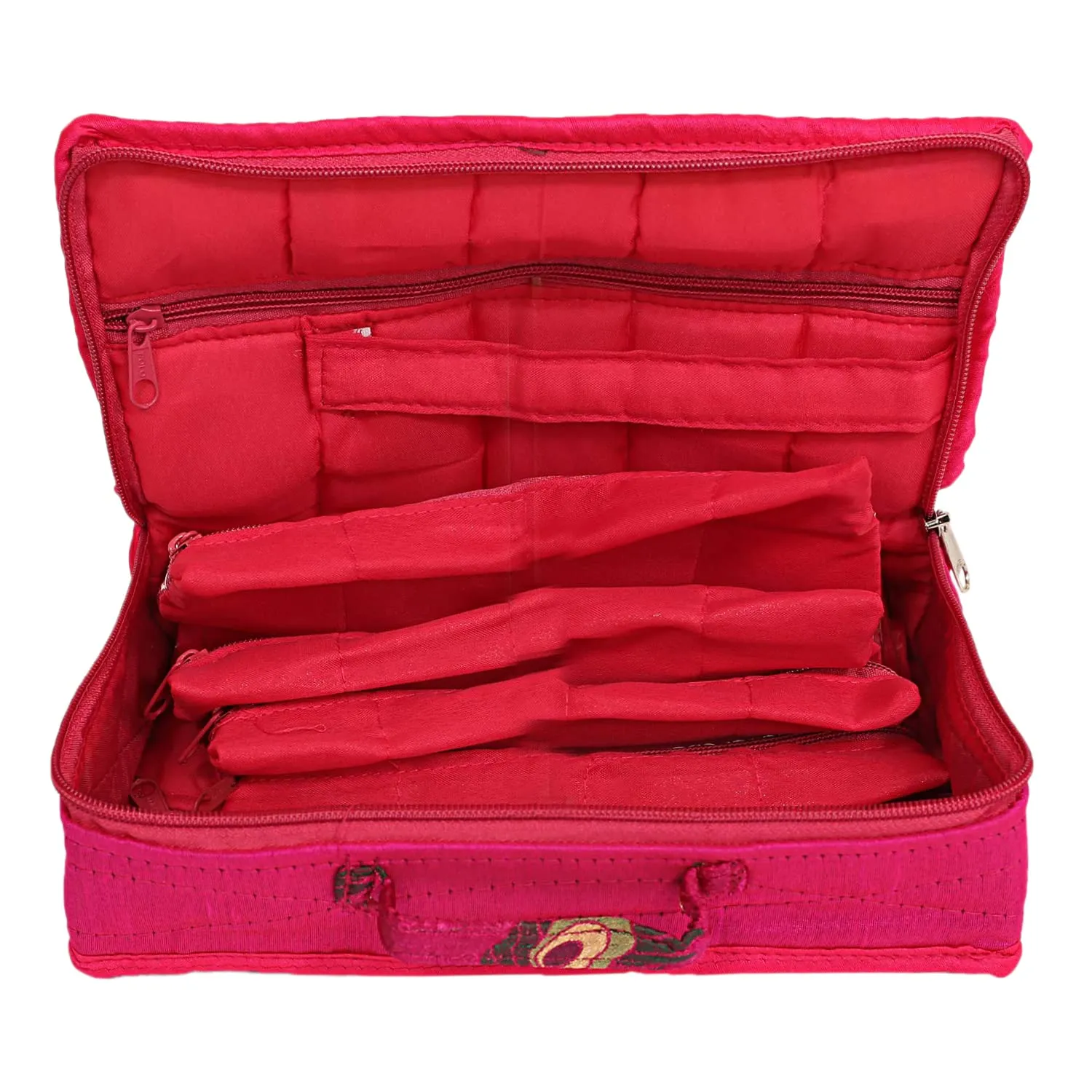 Kuber Industries Feather Print Satin Jewellery Organizer For Small Jewellery With 4 Pouches Pack Of 2 (Pink) 54KM4063