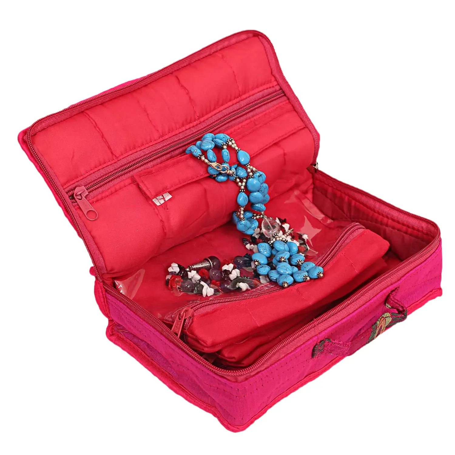 Kuber Industries Feather Print Satin Jewellery Organizer For Small Jewellery With 4 Pouches Pack Of 2 (Pink) 54KM4063