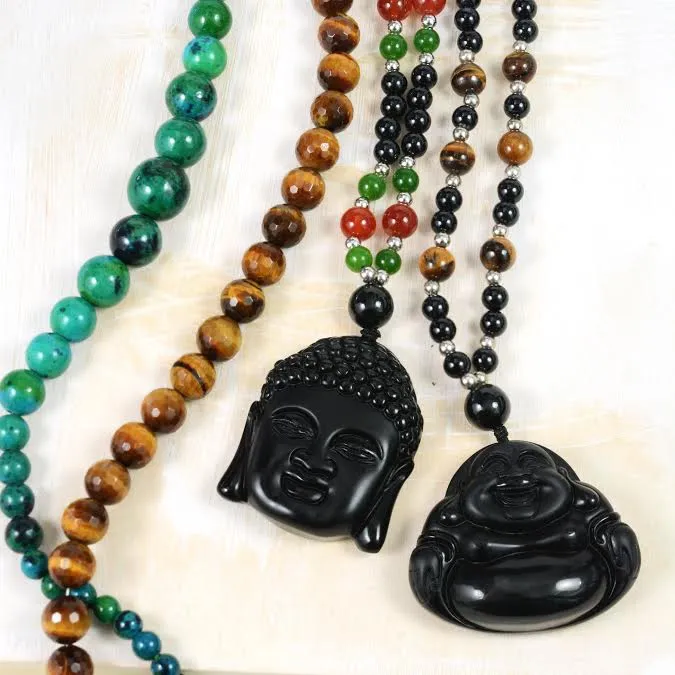 Laughing Buddha Unisex Pendant Brown Green Black Necklace Carved Glass