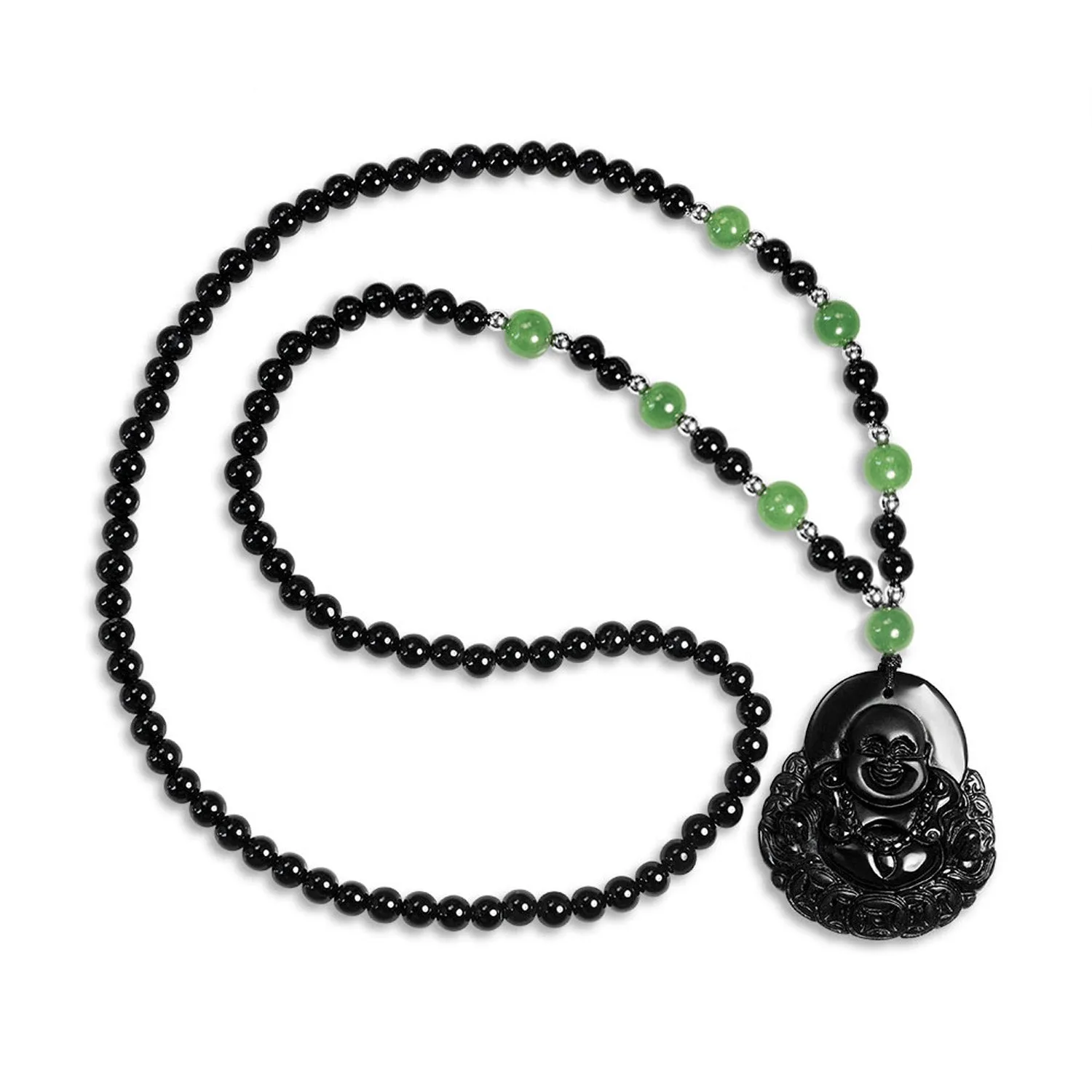 Laughing Buddha Unisex Pendant Brown Green Black Necklace Carved Glass