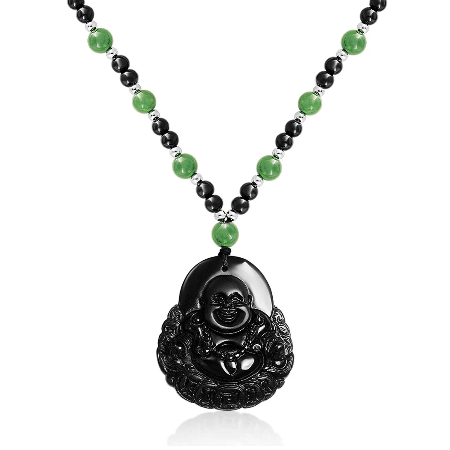 Laughing Buddha Unisex Pendant Brown Green Black Necklace Carved Glass