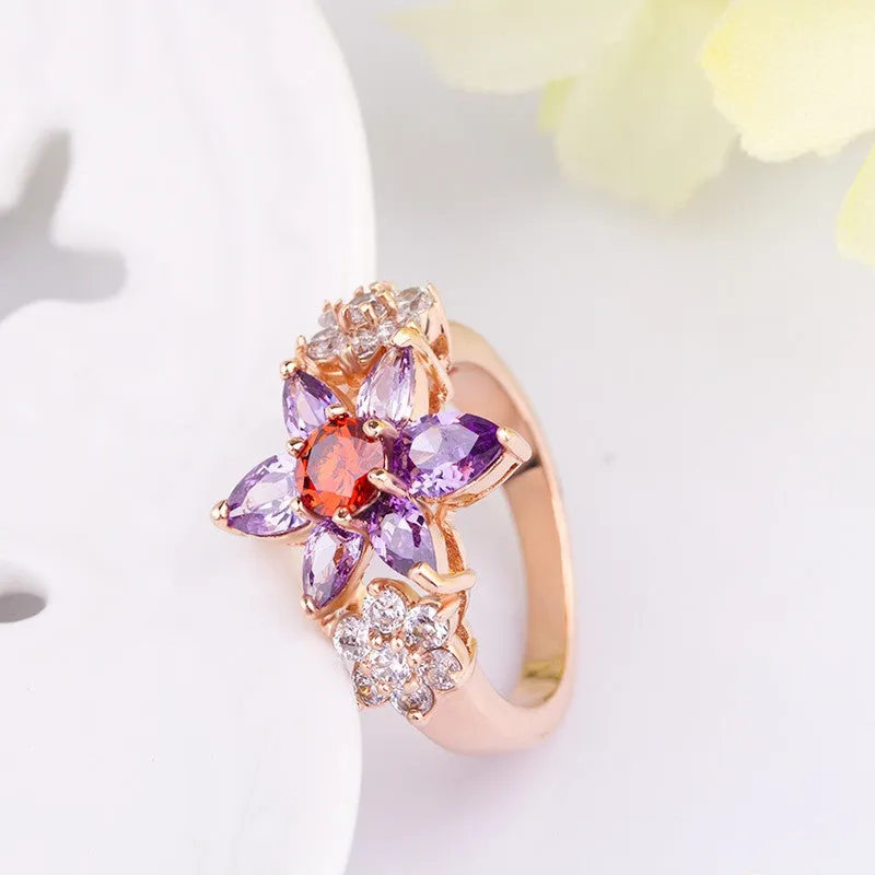 Luxury 18K Gold Plated Flower Finger Rings with Purple and Red Zircon for Women Wedding