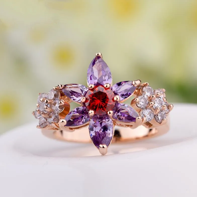 Luxury 18K Gold Plated Flower Finger Rings with Purple and Red Zircon for Women Wedding