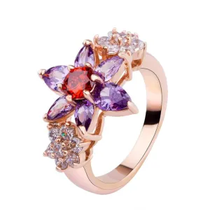 Luxury 18K Gold Plated Flower Finger Rings with Purple and Red Zircon for Women Wedding