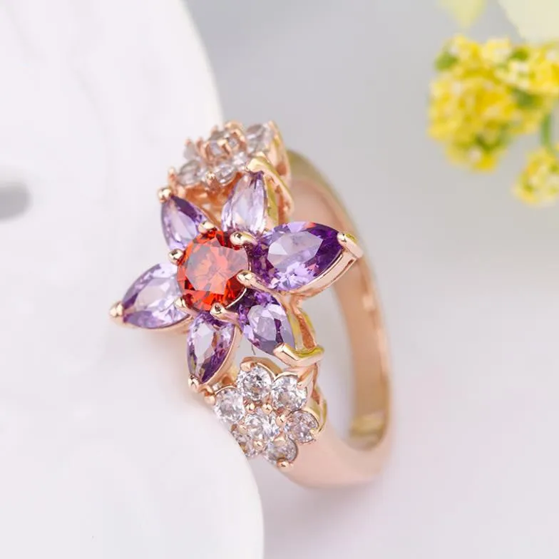 Luxury 18K Gold Plated Flower Finger Rings with Purple and Red Zircon for Women Wedding