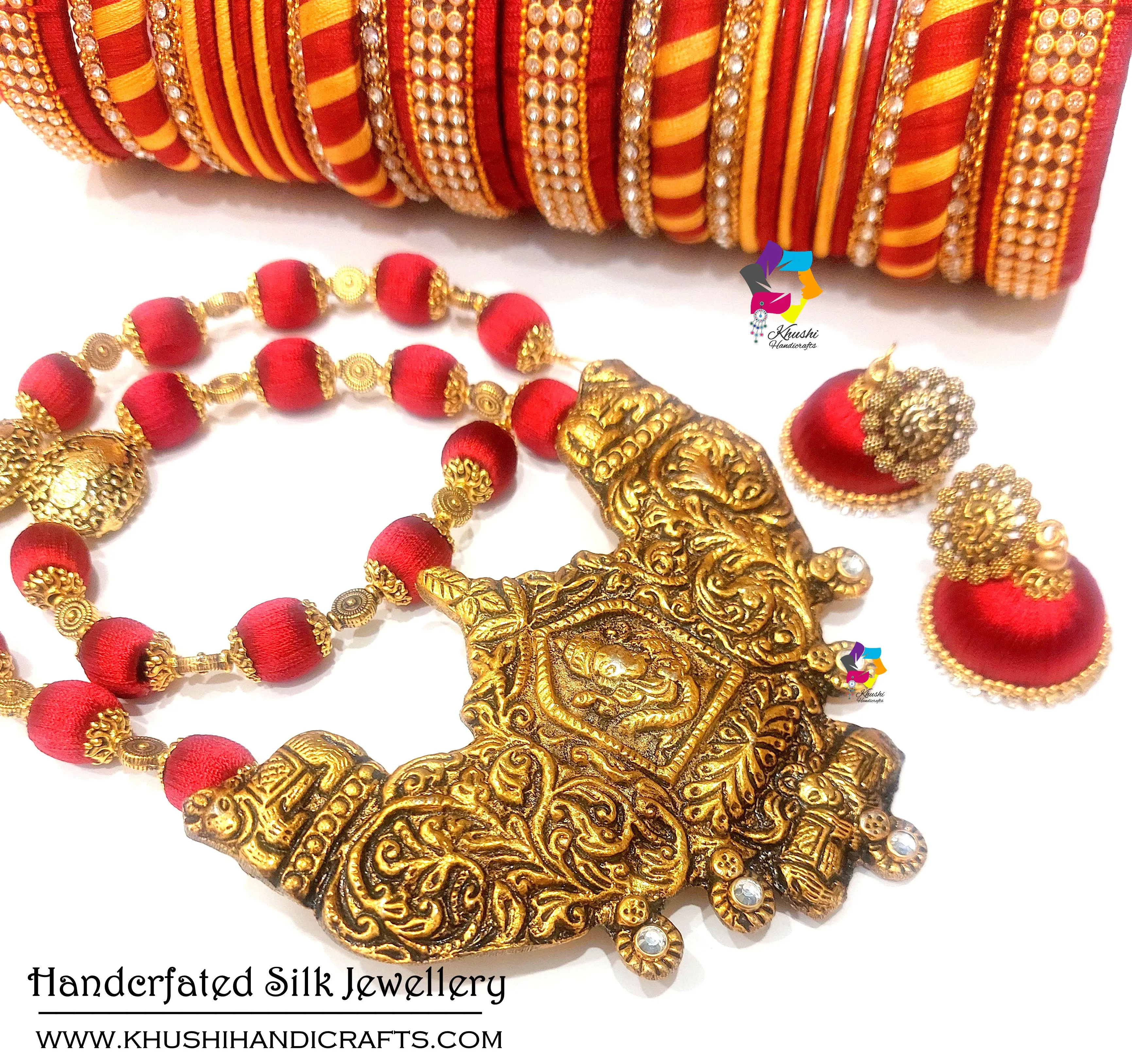 Marron Silk Thread Necklace set with Dokri Ganesh Pendant and carefully curated Bangles