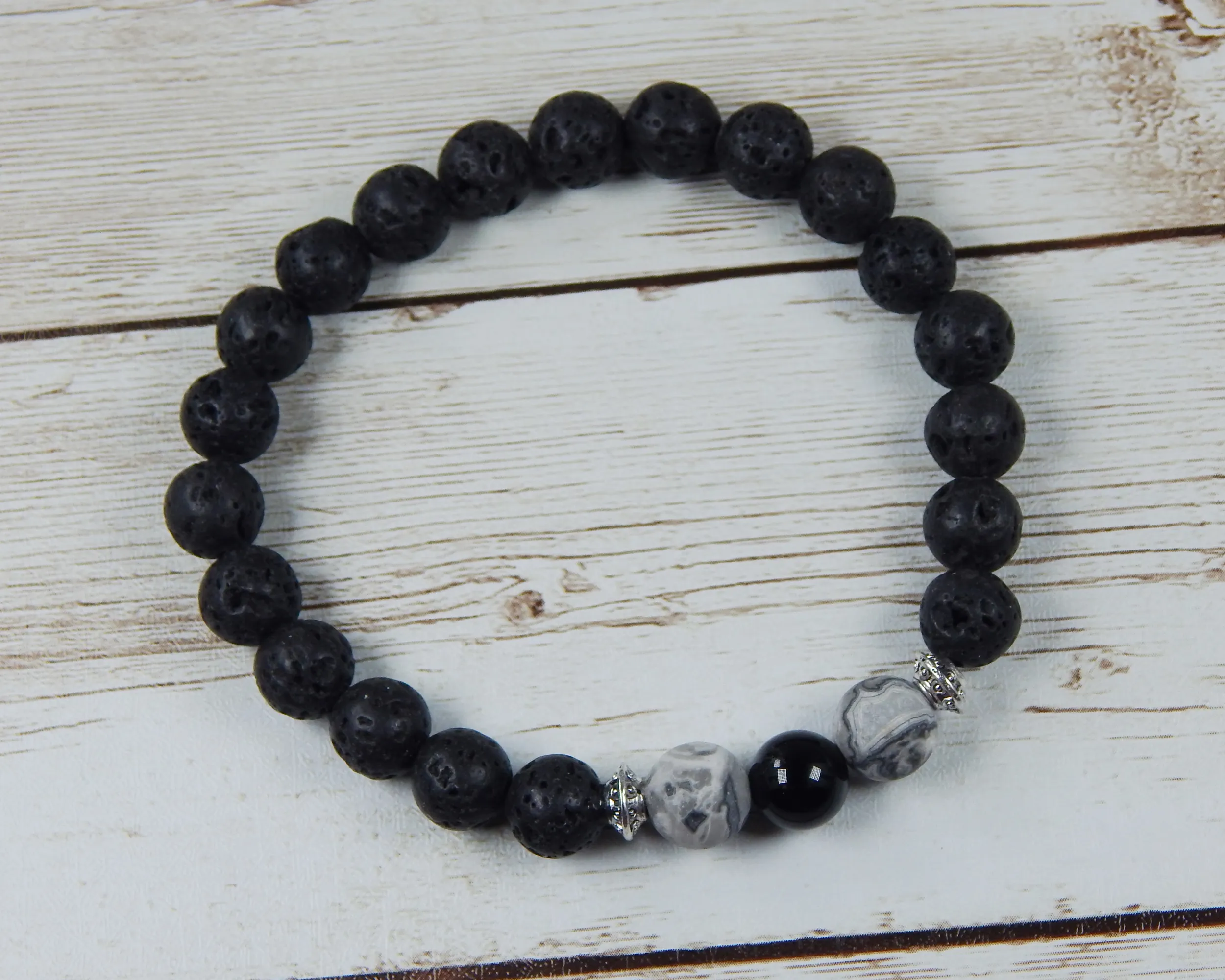 Mens Black Agate and Volcano Lava Rock Beaded Bracelet