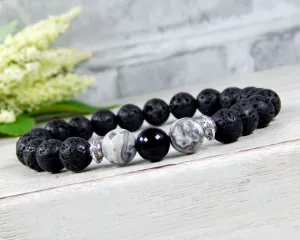 Mens Black Agate and Volcano Lava Rock Beaded Bracelet