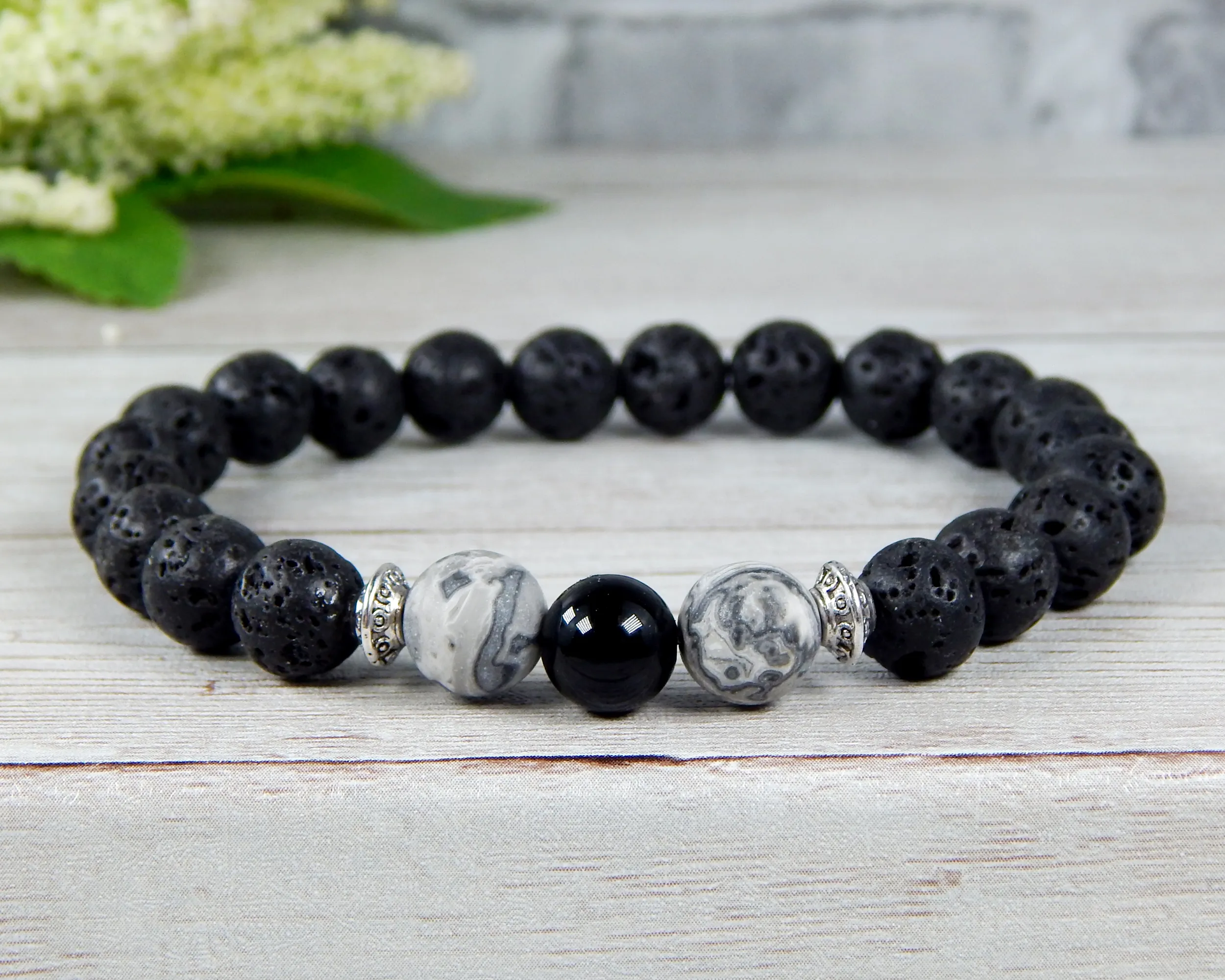 Mens Black Agate and Volcano Lava Rock Beaded Bracelet