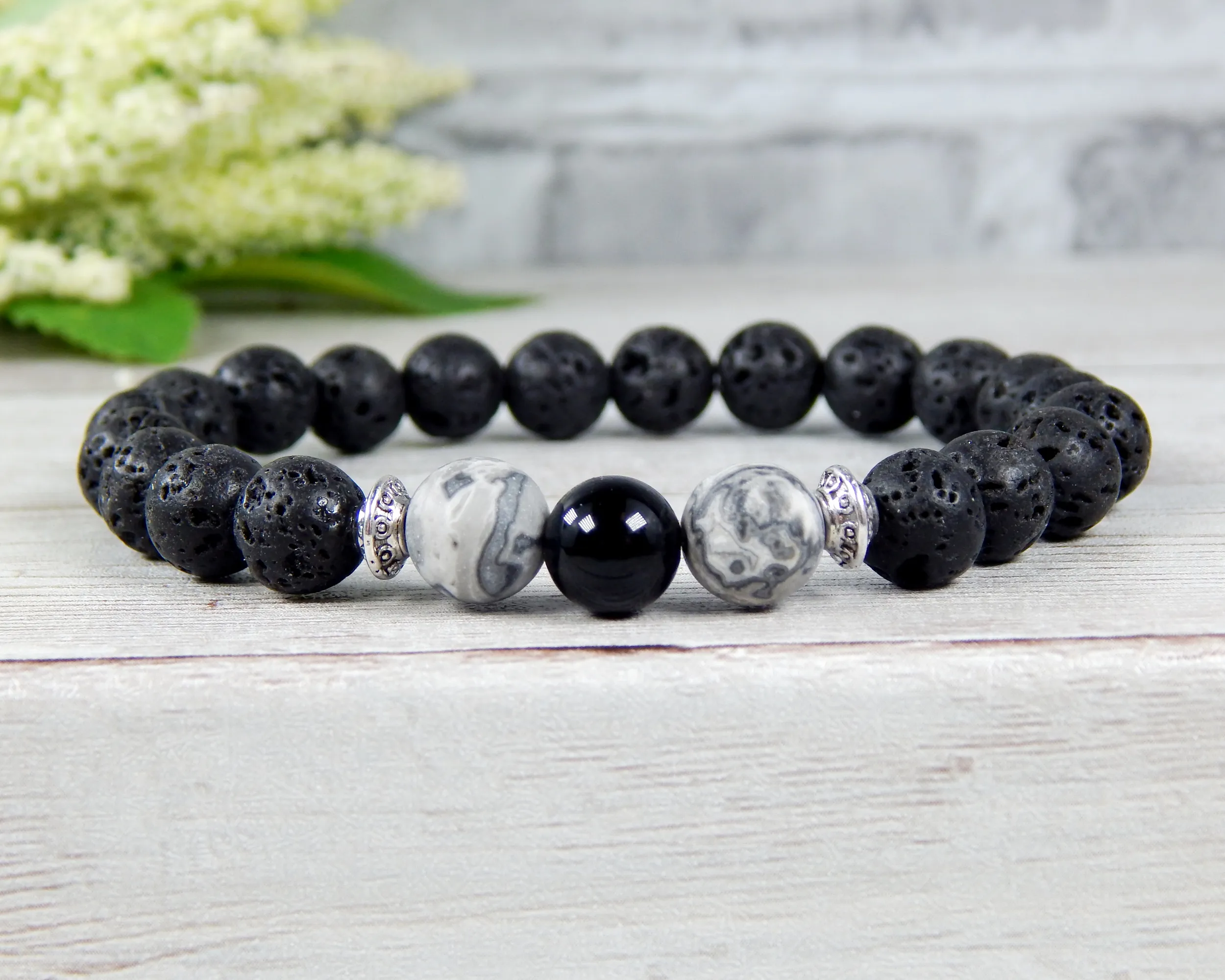 Mens Black Agate and Volcano Lava Rock Beaded Bracelet