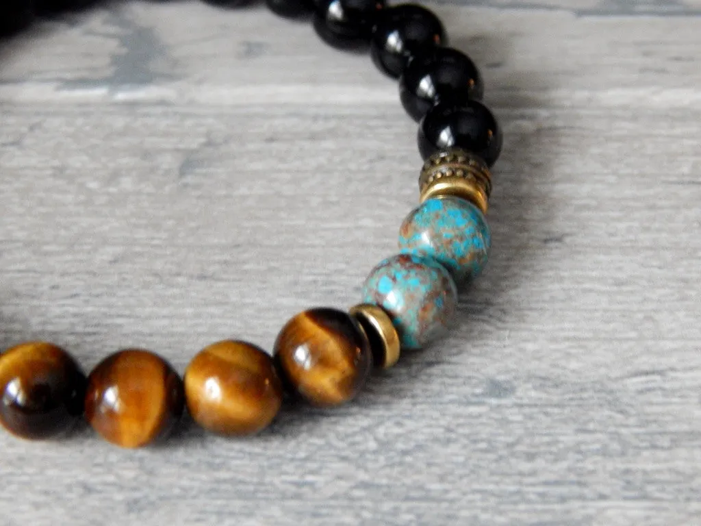 Mens Tiger Eye, Jasper and Black Agate Beaded Bracelet