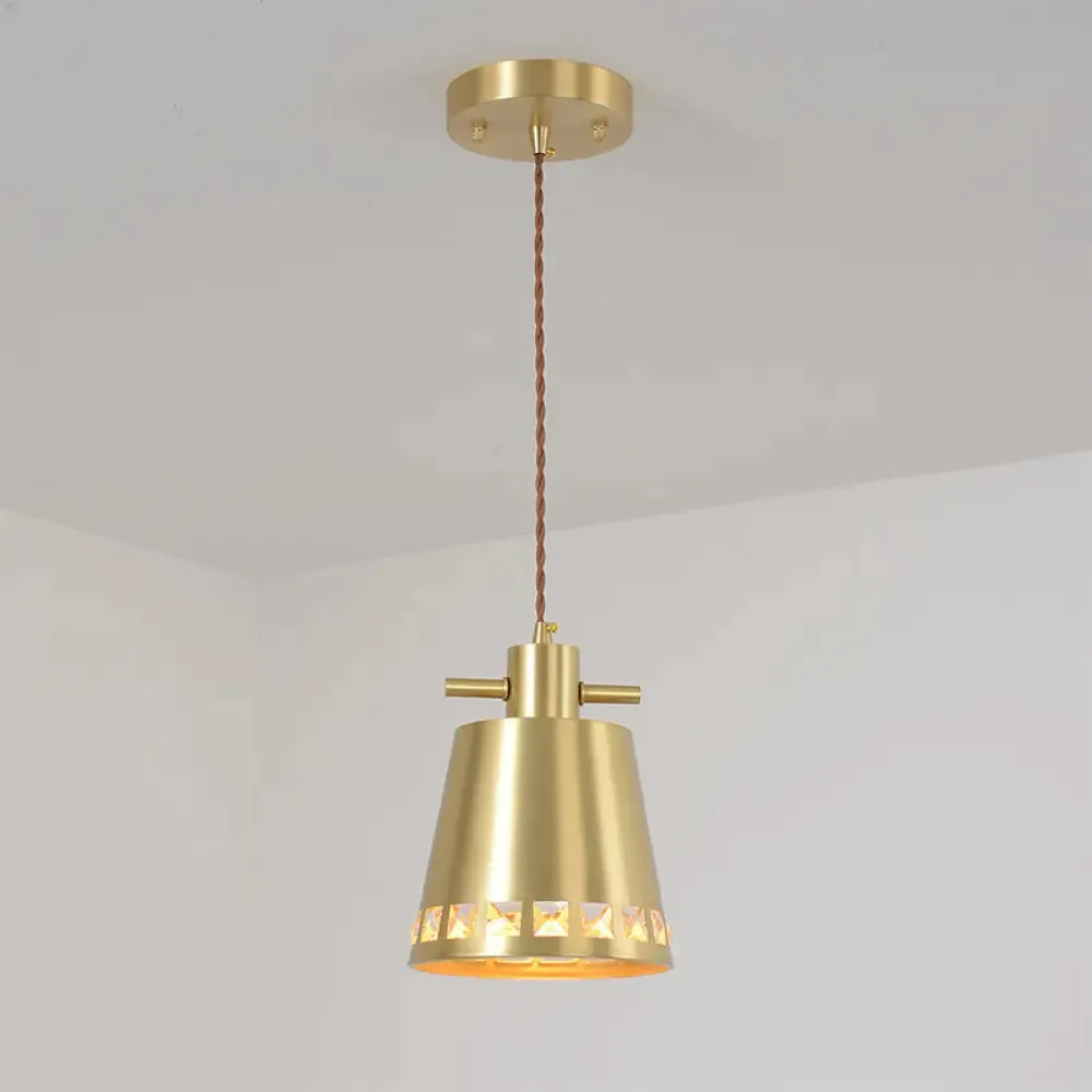 Modern Metal Conical Pendant with Crystal Embedded Edge Design - Brass Finish