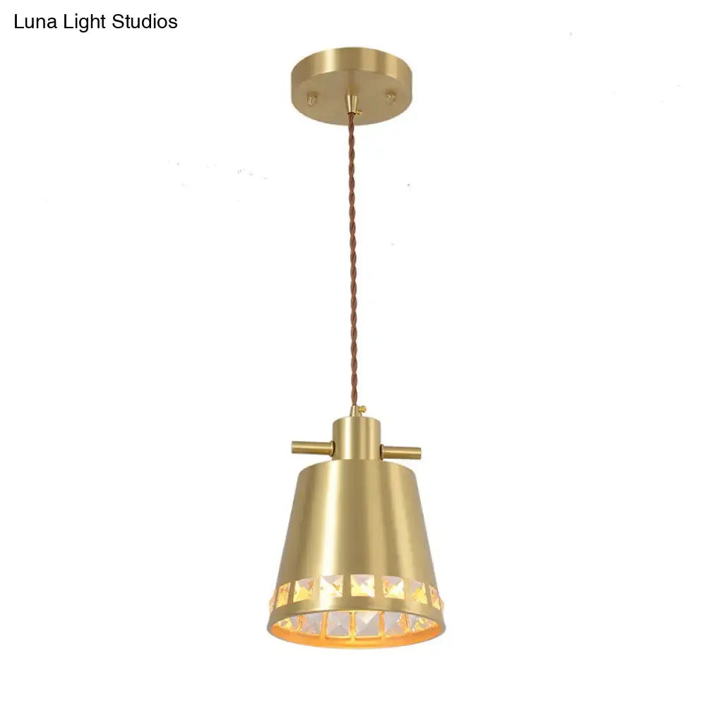 Modern Metal Conical Pendant with Crystal Embedded Edge Design - Brass Finish