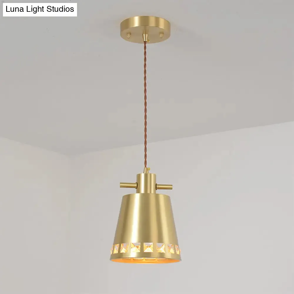 Modern Metal Conical Pendant with Crystal Embedded Edge Design - Brass Finish