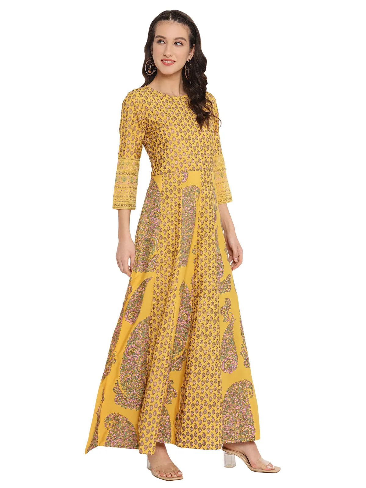 Mustard Yellow & Grey Printed Fit and Flare Maxi Dress