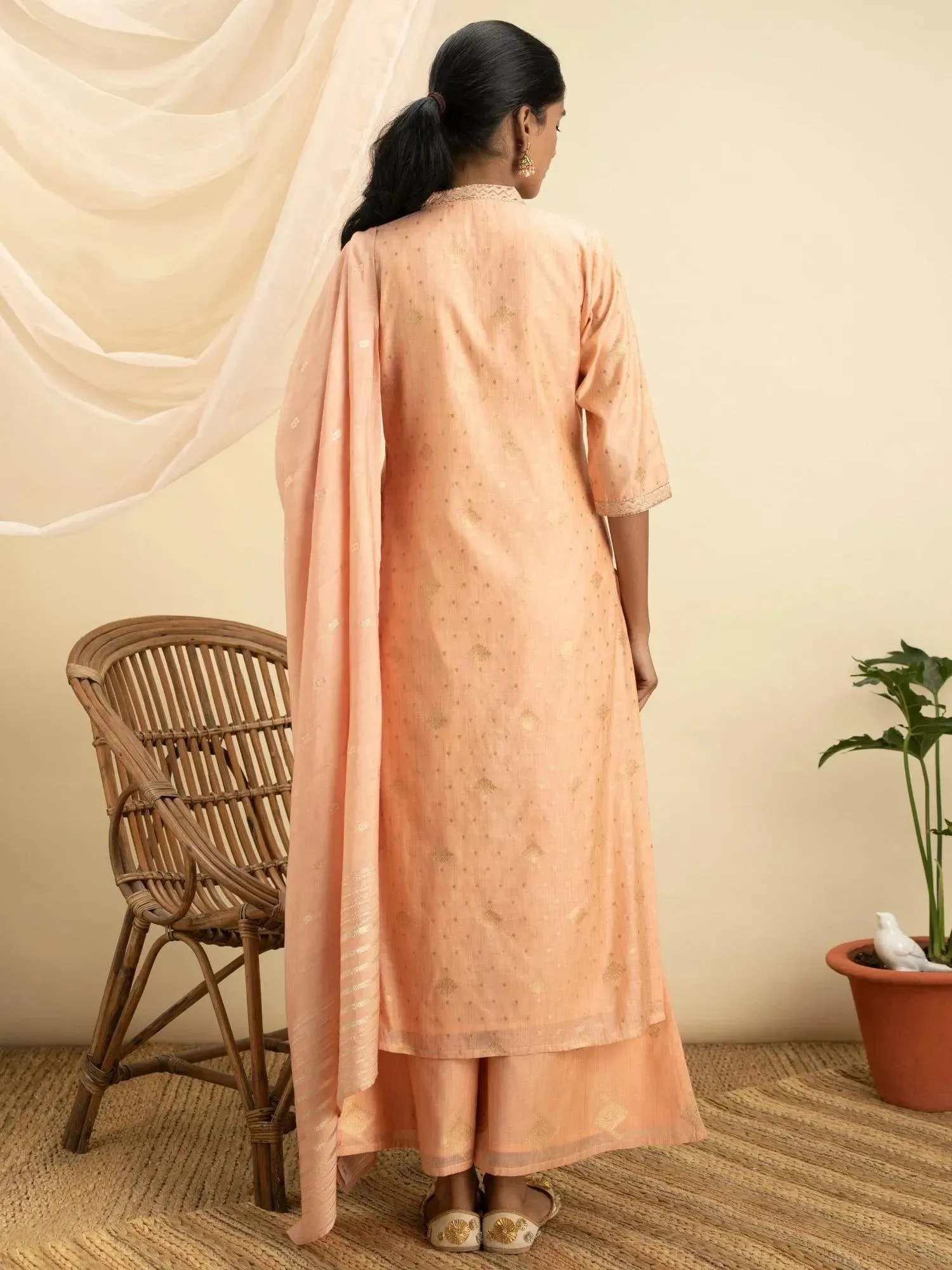 Peach Self Design Chanderi Silk Straight Kurta With Palazzos & Dupatta