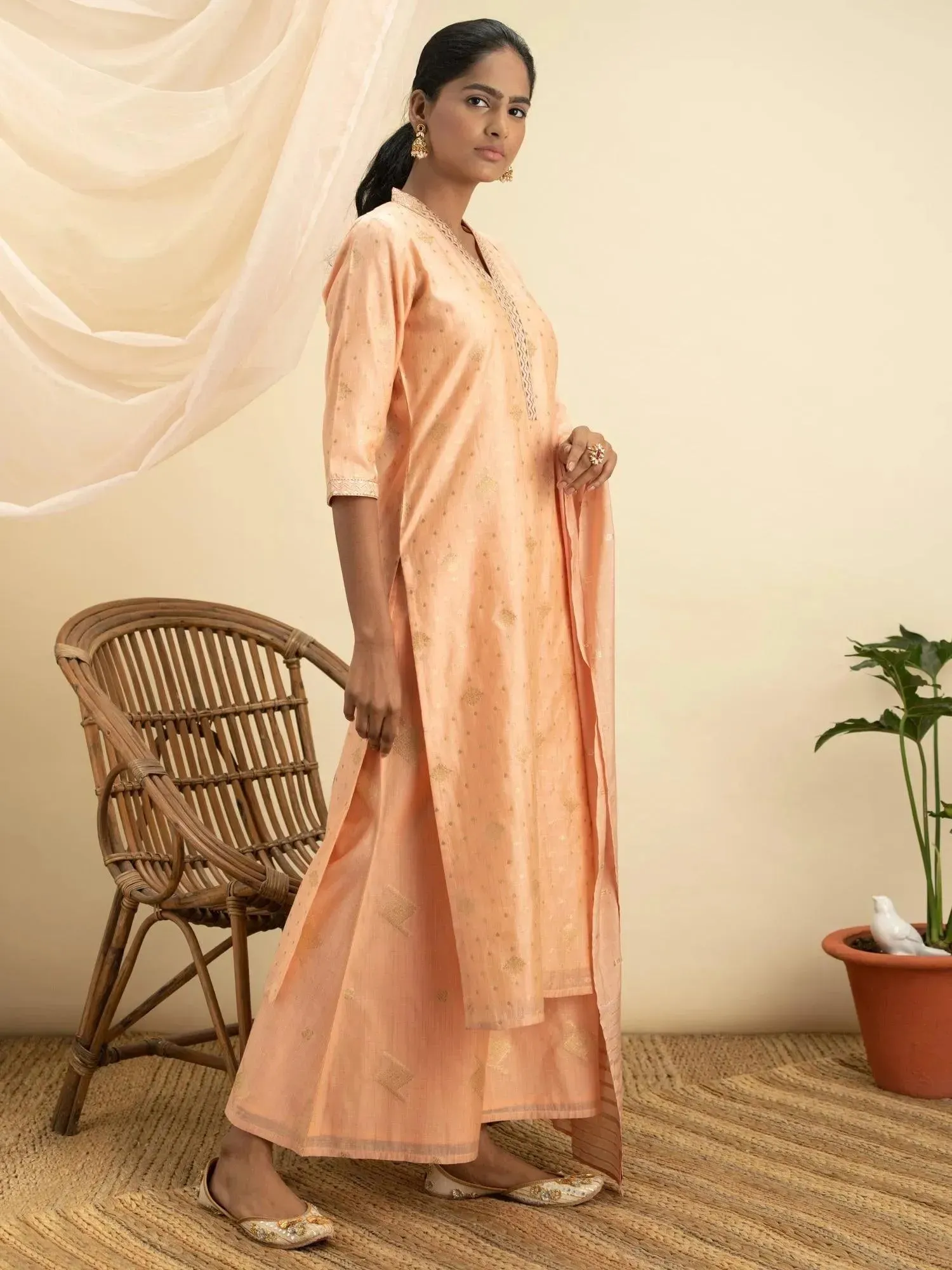 Peach Self Design Chanderi Silk Straight Kurta With Palazzos & Dupatta