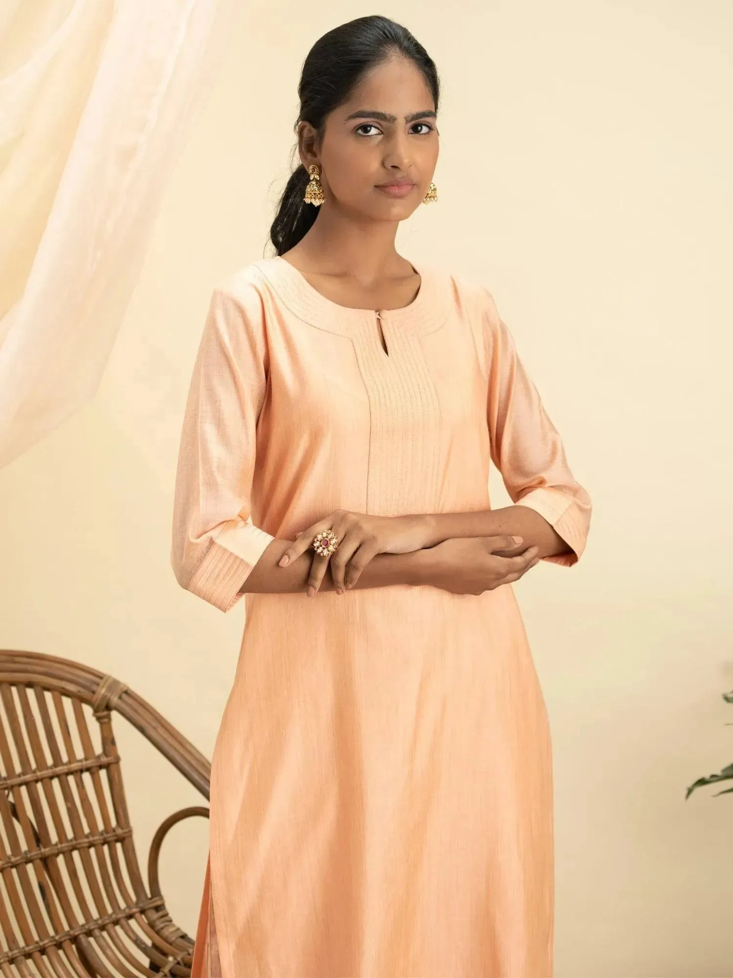 Peach Self Design Chanderi Silk Straight Kurta With Palazzos