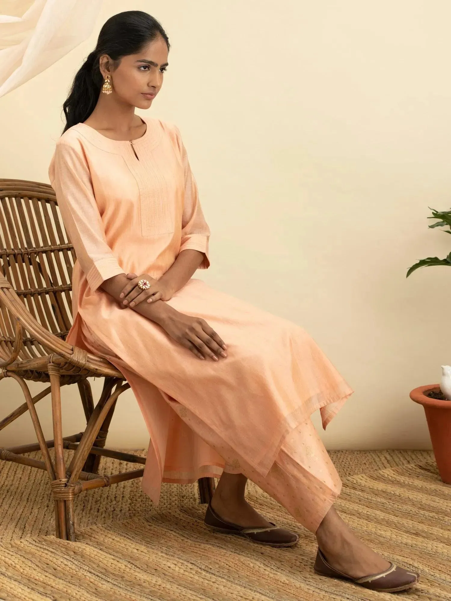 Peach Self Design Chanderi Silk Straight Kurta With Palazzos