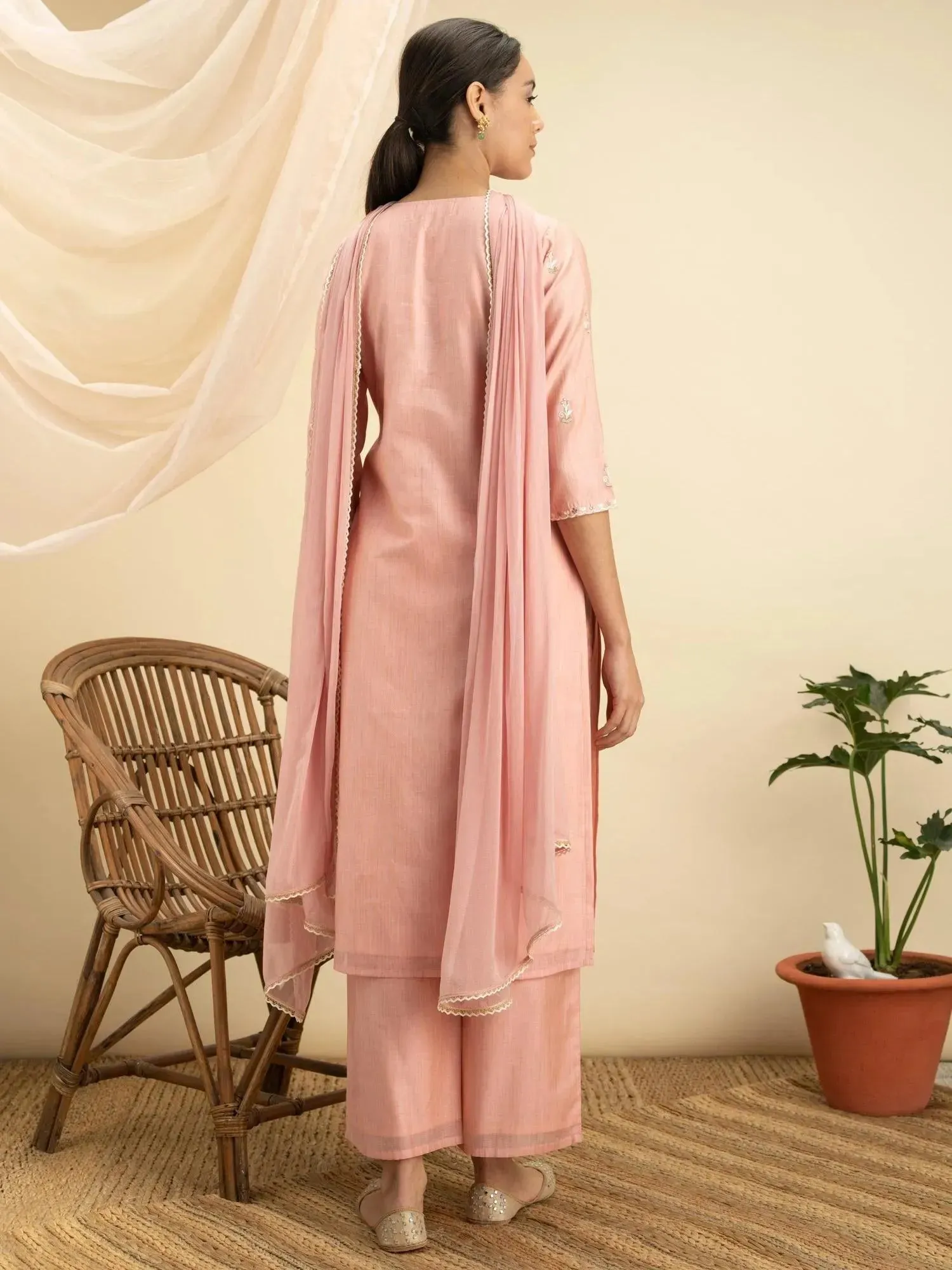 Pink Embroidered Silk Straight Kurta With Palazzos & Dupatta