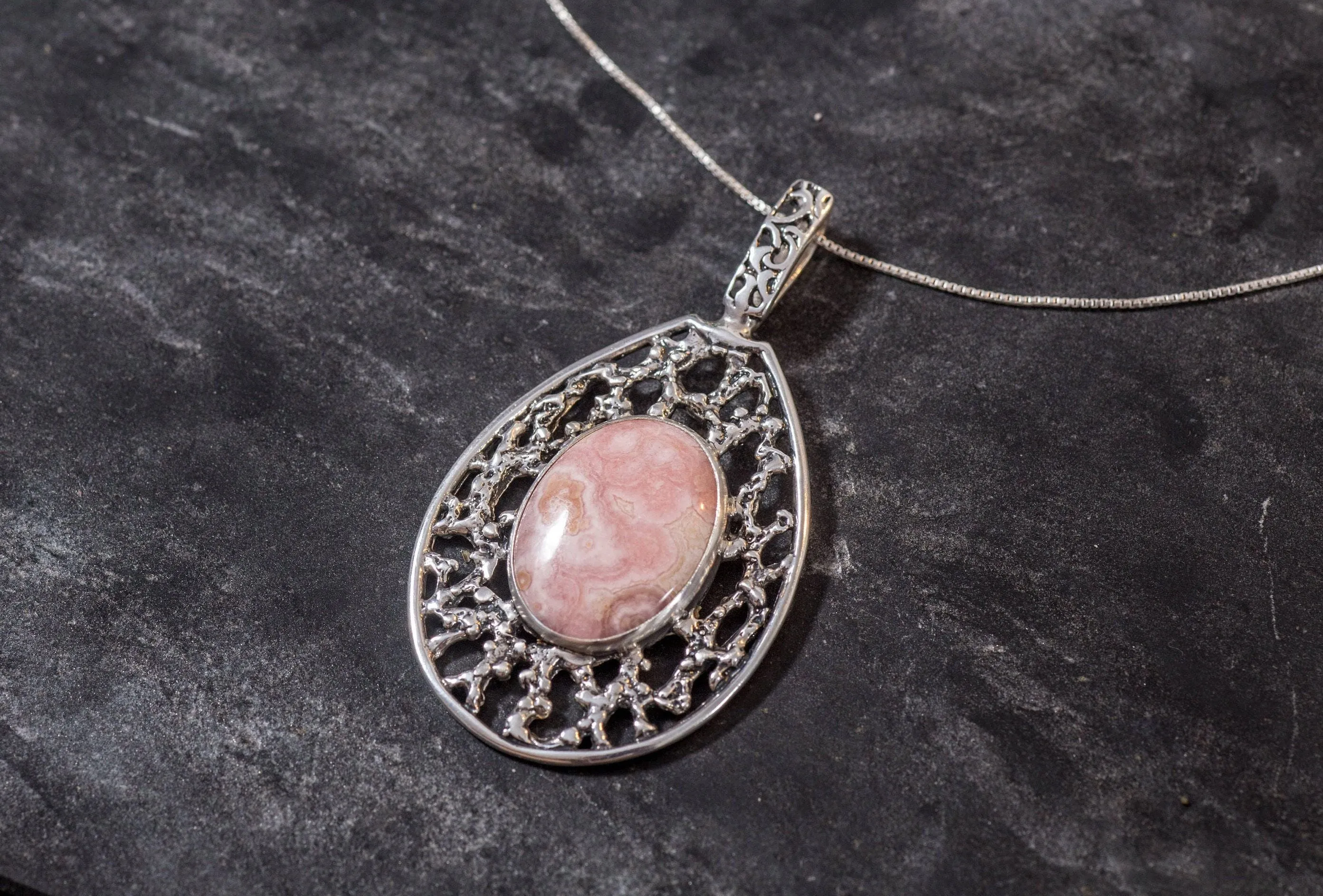 Rhodochrosite Pendant - Natural Rhodochrosite Necklace - Large Pink Pendant