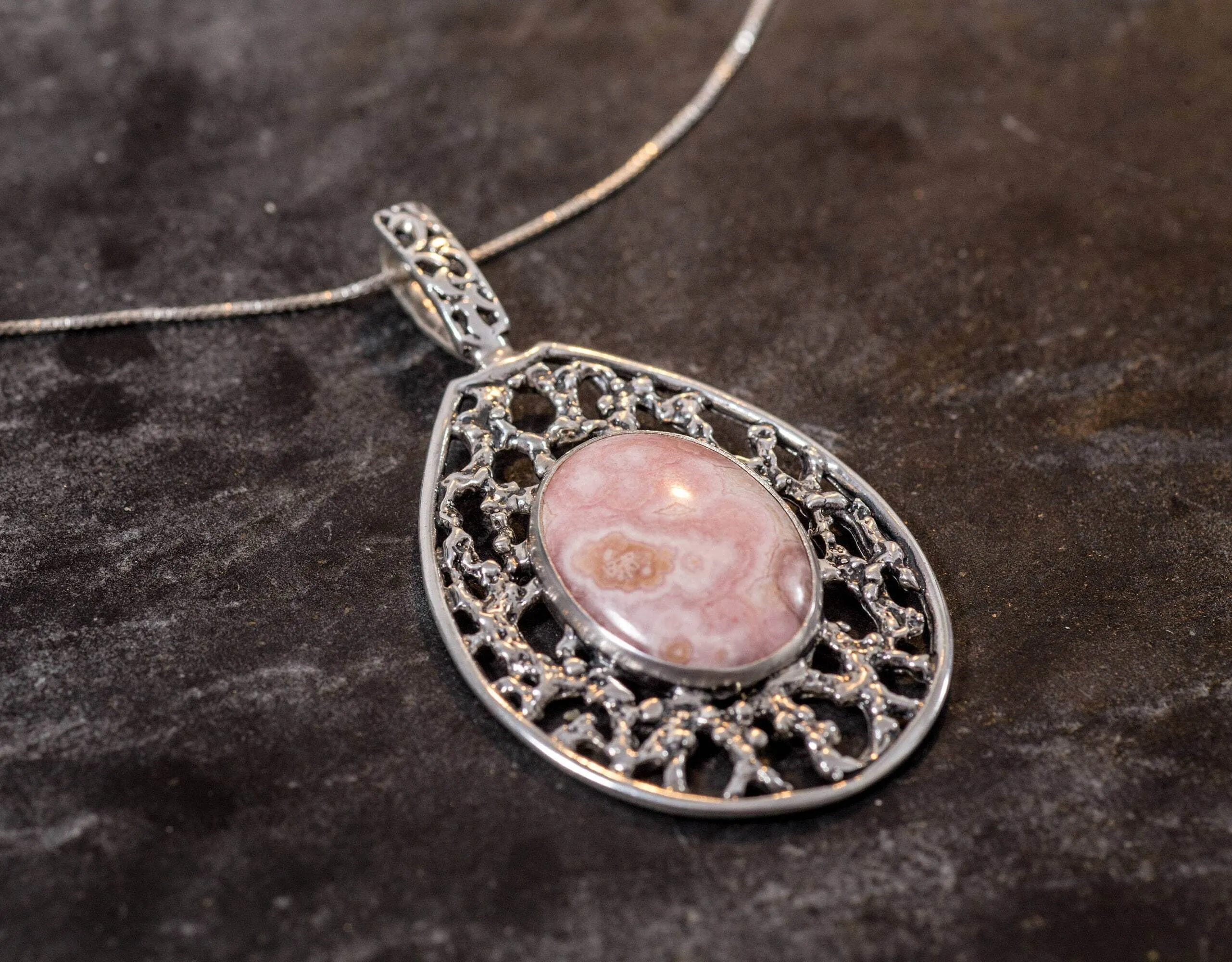 Rhodochrosite Pendant - Natural Rhodochrosite Necklace - Large Pink Pendant