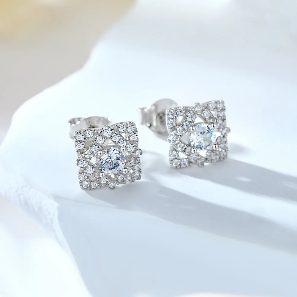 Round Zircon Clover Square Silver Studs Earrings for Women