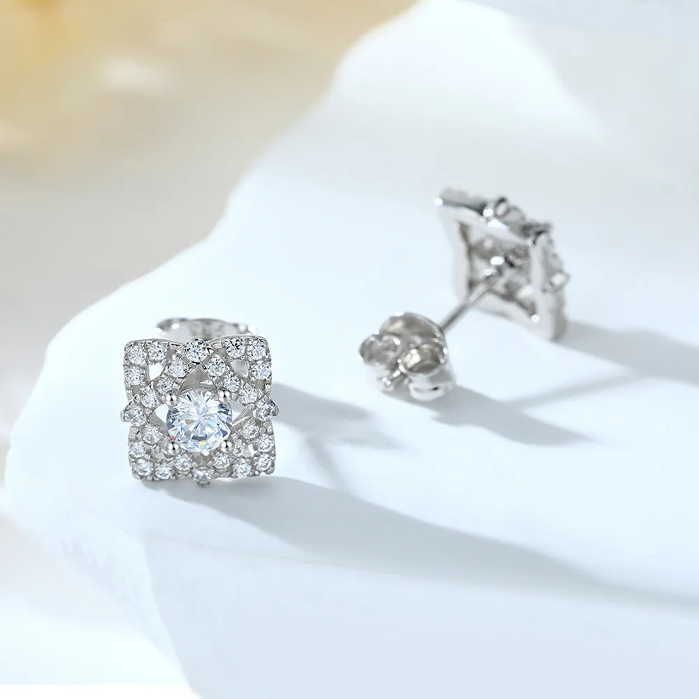 Round Zircon Clover Square Silver Studs Earrings for Women