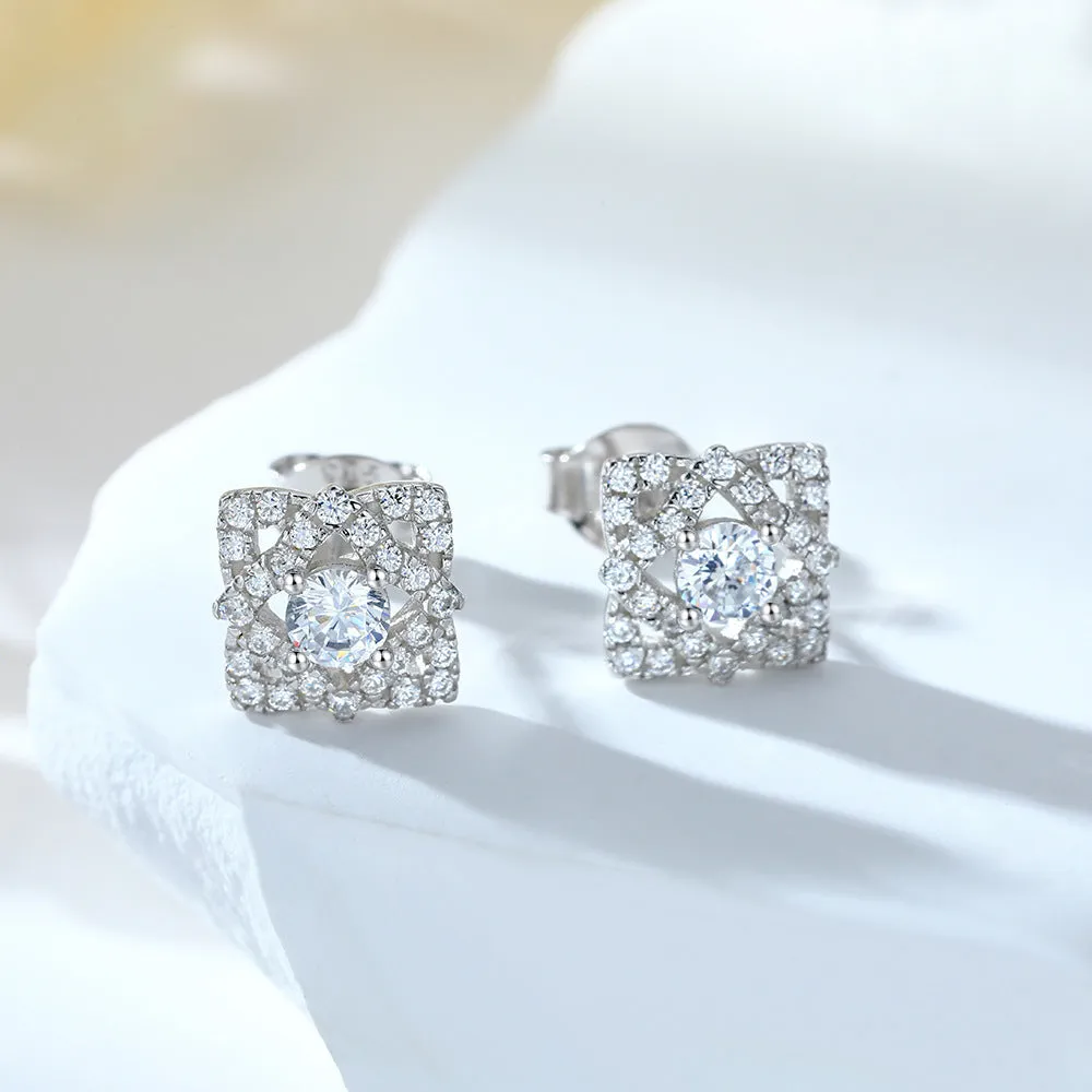 Round Zircon Clover Square Silver Studs Earrings for Women