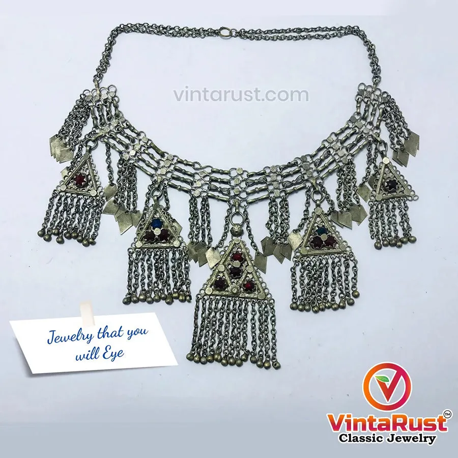 Silver Kuchi Vintage five Dangling Pendants Necklace