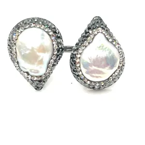 Teardrop Double Gemstone & Crystal 925 Sterling Silver Adjustable Statement Ring