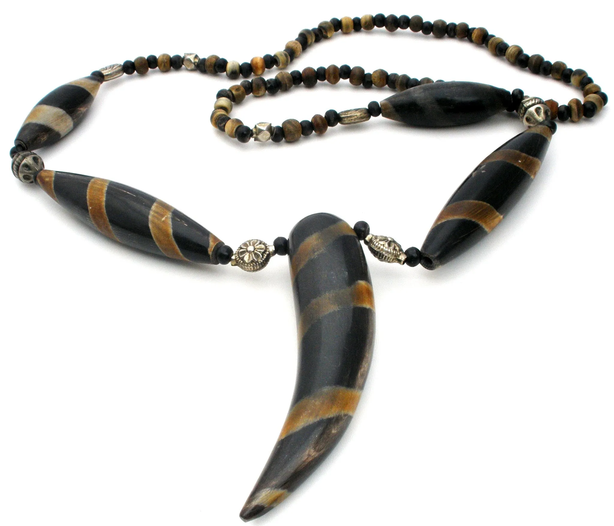 Vintage Massive Wood & Silver Bead Necklace