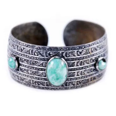 Vintage Southwestern Silver Plate Cuff Bracelet Faux Turquoise 1940S