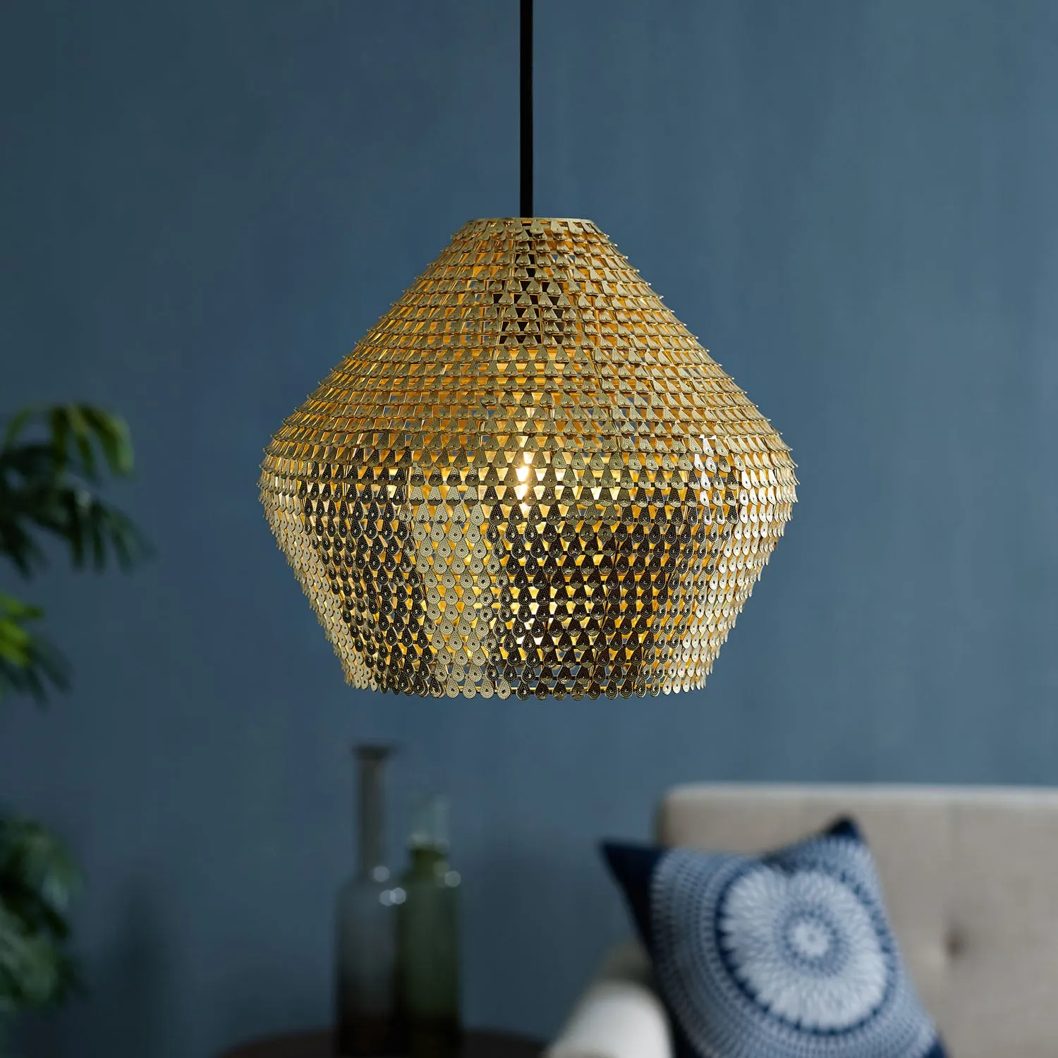 WE Furniture 12" Living Room Crown Sparkle Pendant - Gold