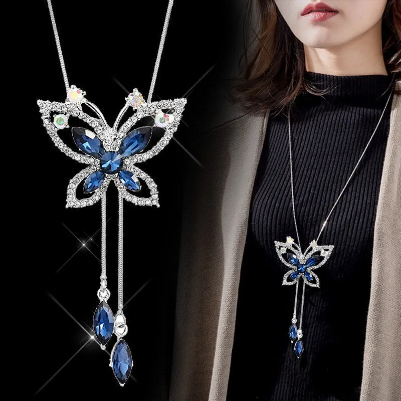 Wenkouban Fashion Long Chain Sweater Necklaces & Pendants for Women Blue Opal Rhinestone Flower Pendant Necklace Female Jewelry