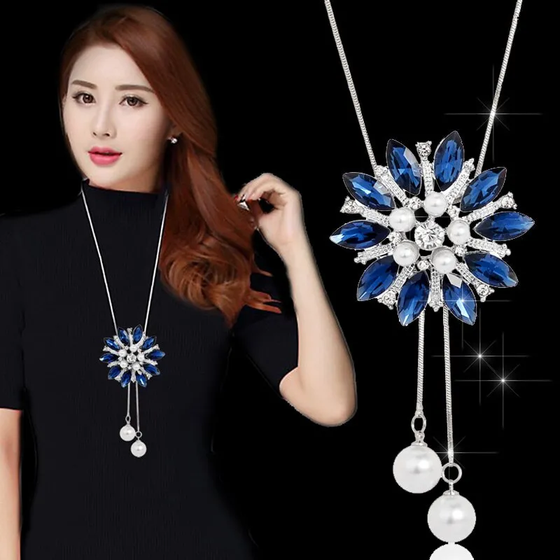 Wenkouban Fashion Long Chain Sweater Necklaces & Pendants for Women Blue Opal Rhinestone Flower Pendant Necklace Female Jewelry