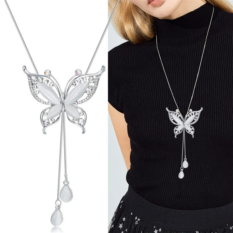 Wenkouban Fashion Long Chain Sweater Necklaces & Pendants for Women Blue Opal Rhinestone Flower Pendant Necklace Female Jewelry