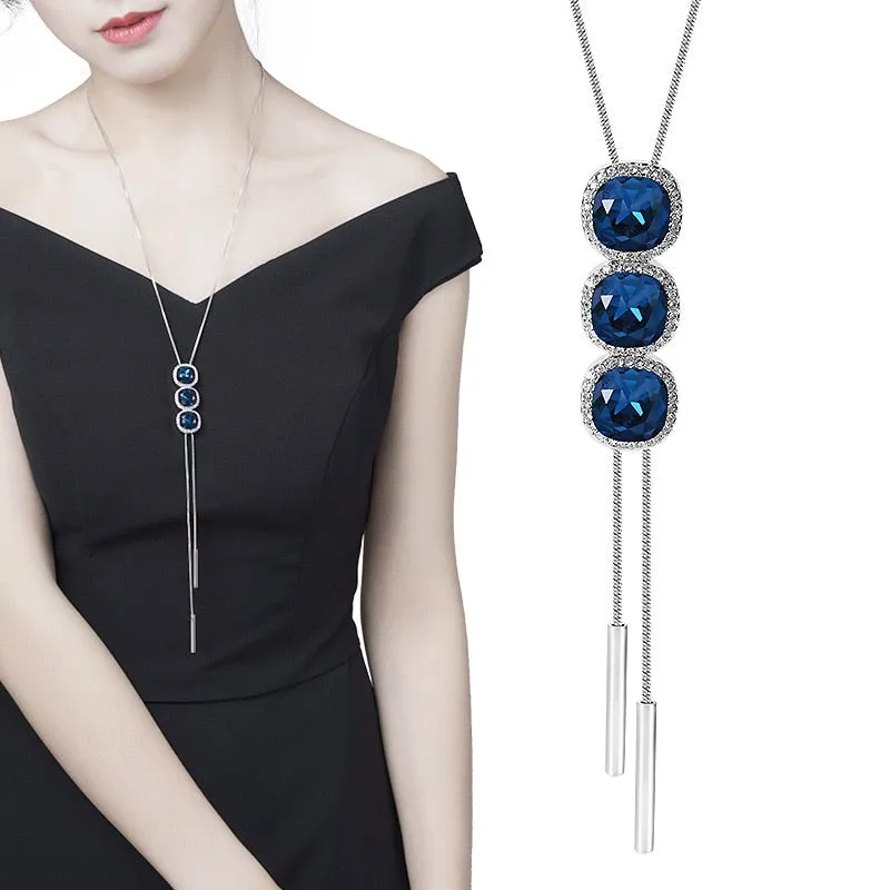 Wenkouban Fashion Long Chain Sweater Necklaces & Pendants for Women Blue Opal Rhinestone Flower Pendant Necklace Female Jewelry