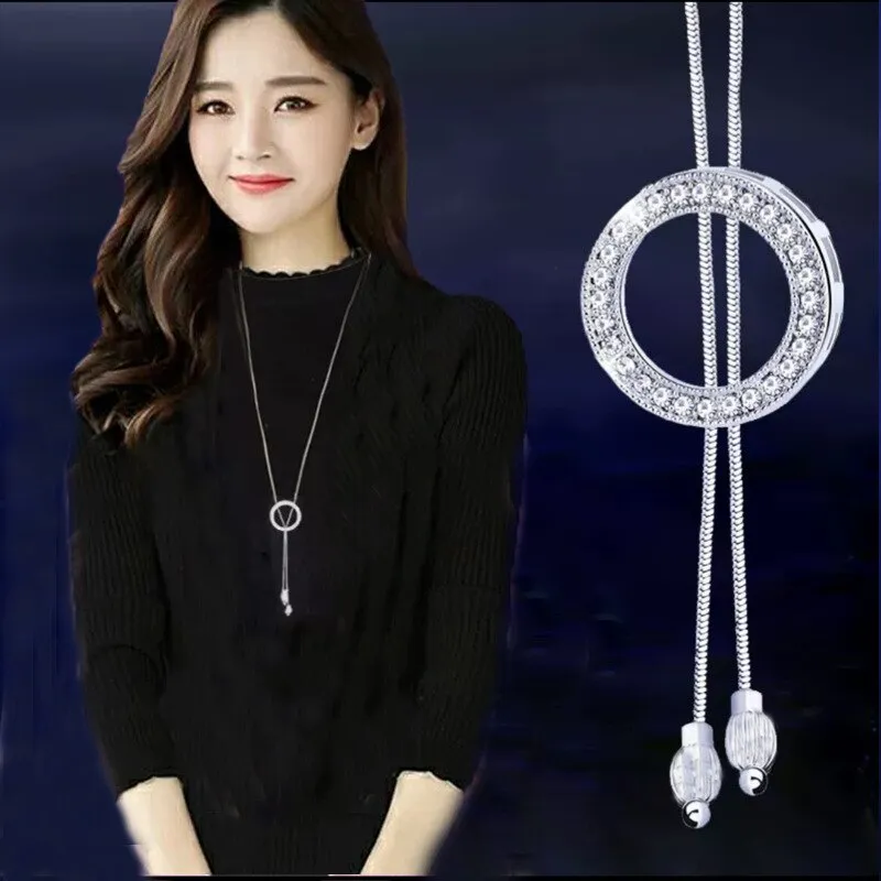 Wenkouban Fashion Long Chain Sweater Necklaces & Pendants for Women Blue Opal Rhinestone Flower Pendant Necklace Female Jewelry