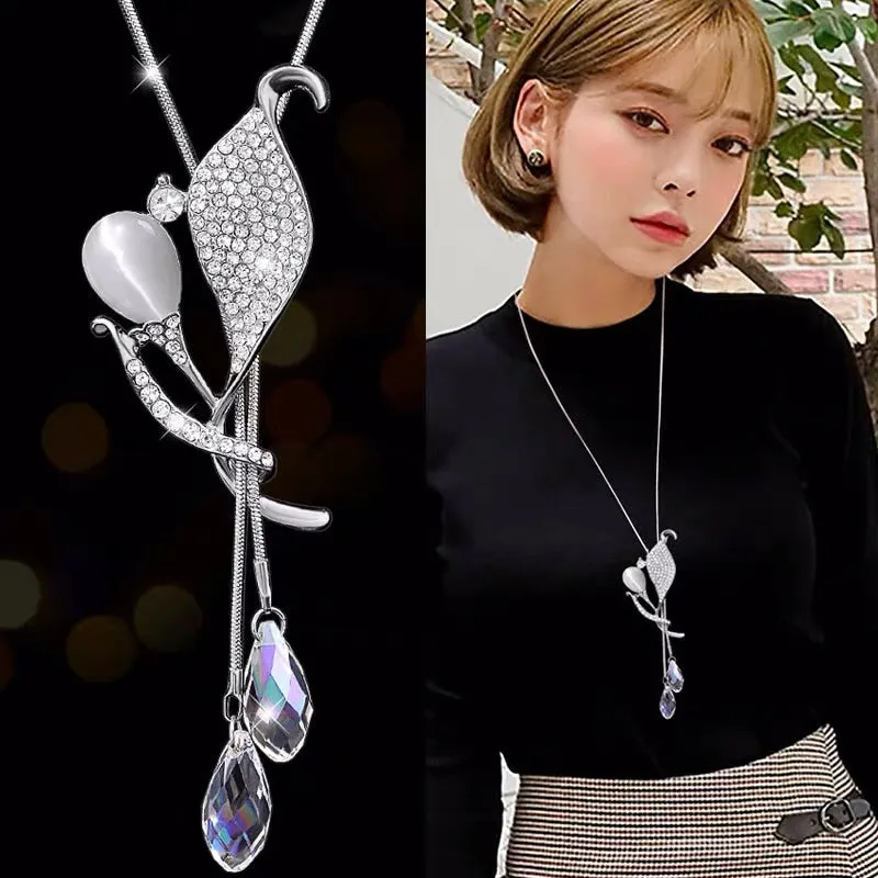 Wenkouban Fashion Long Chain Sweater Necklaces & Pendants for Women Blue Opal Rhinestone Flower Pendant Necklace Female Jewelry