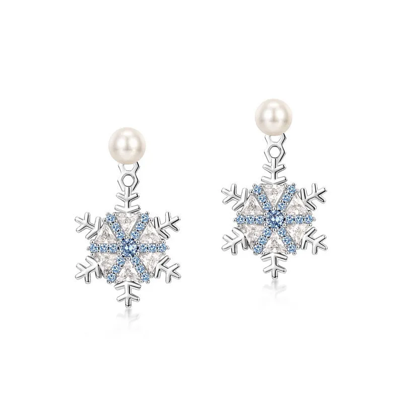 White and Blue Zircon Snowflake Pendant Pearl Sterling Silver Stud Earrings