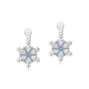 White and Blue Zircon Snowflake Pendant Pearl Sterling Silver Stud Earrings