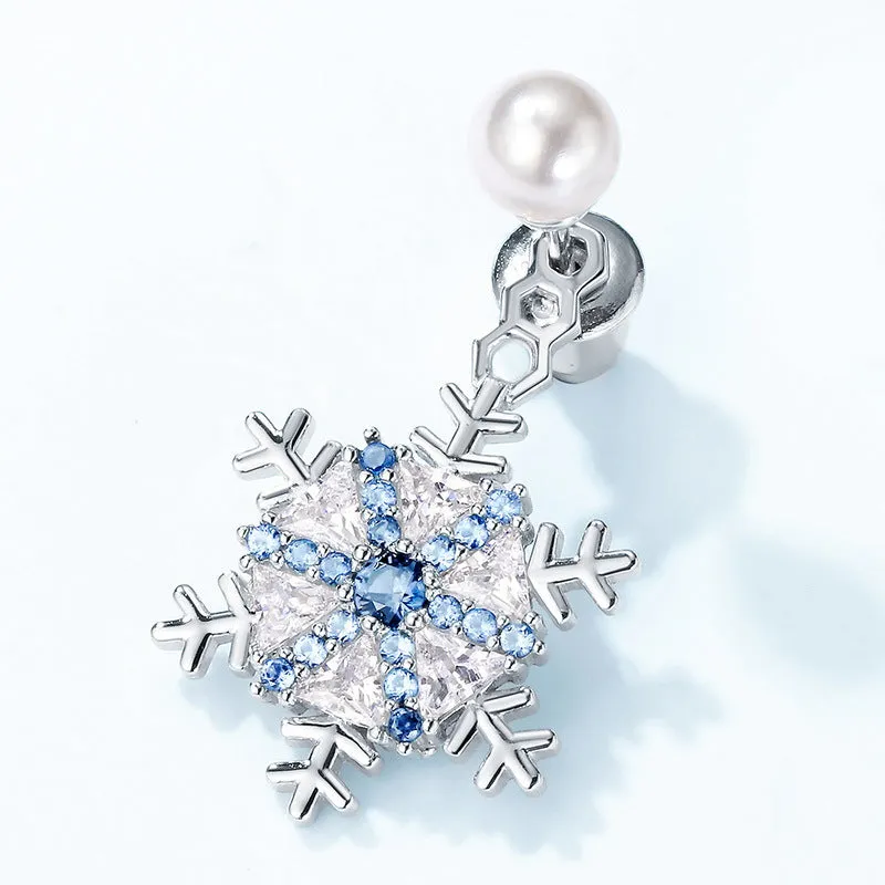 White and Blue Zircon Snowflake Pendant Pearl Sterling Silver Stud Earrings