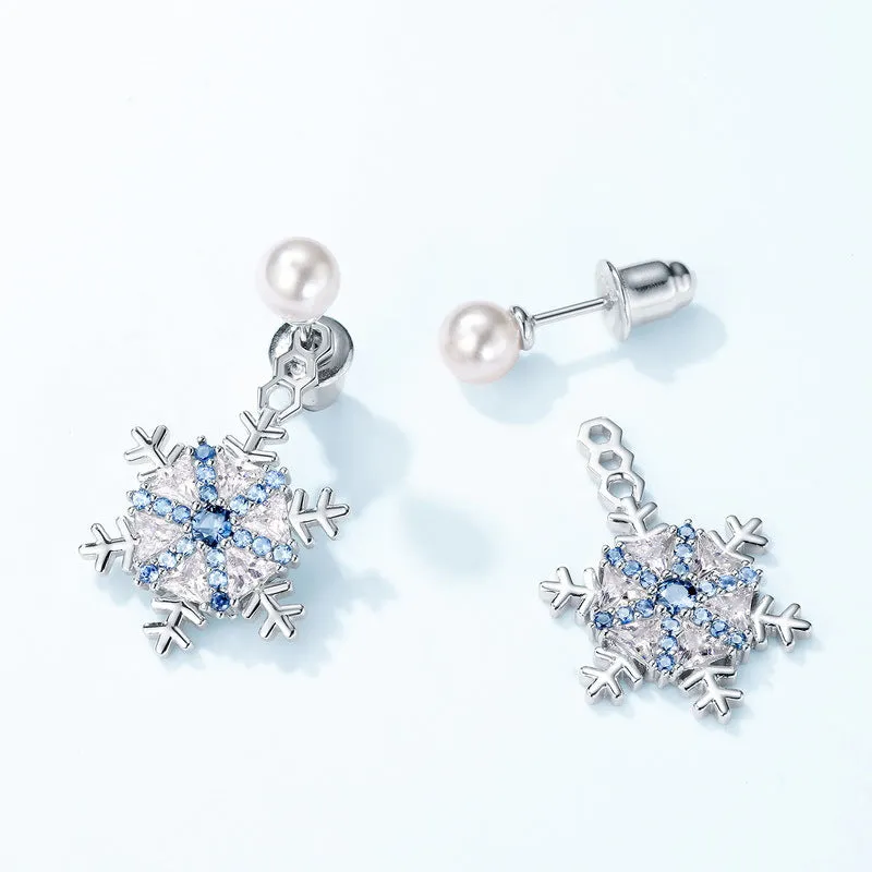 White and Blue Zircon Snowflake Pendant Pearl Sterling Silver Stud Earrings