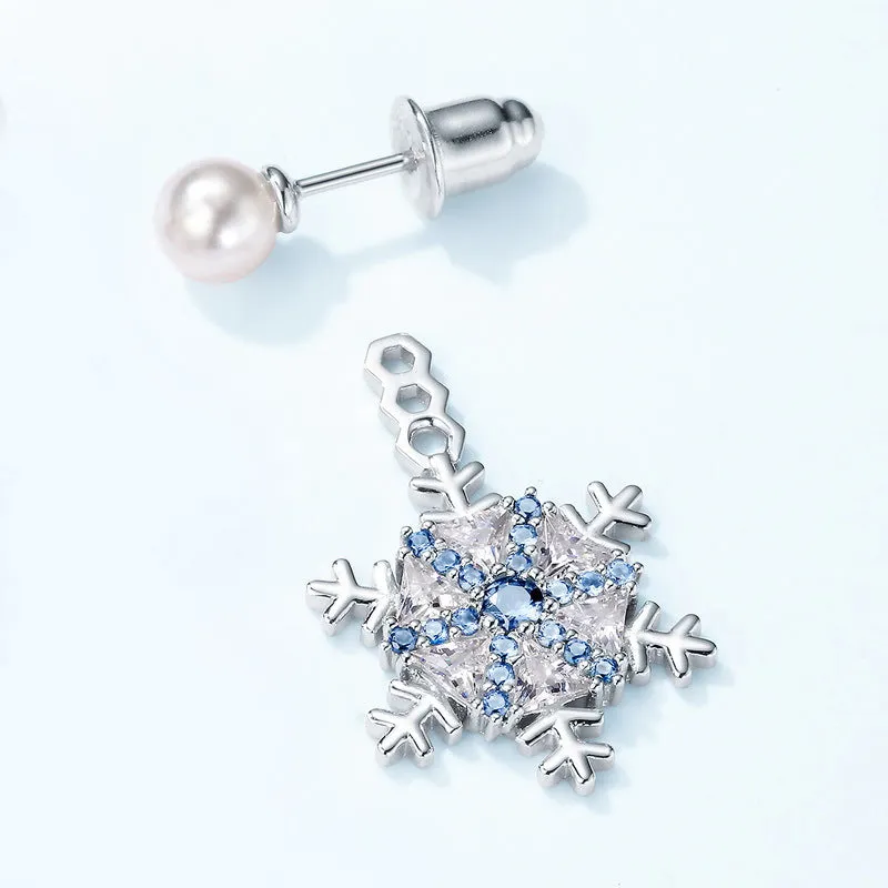 White and Blue Zircon Snowflake Pendant Pearl Sterling Silver Stud Earrings