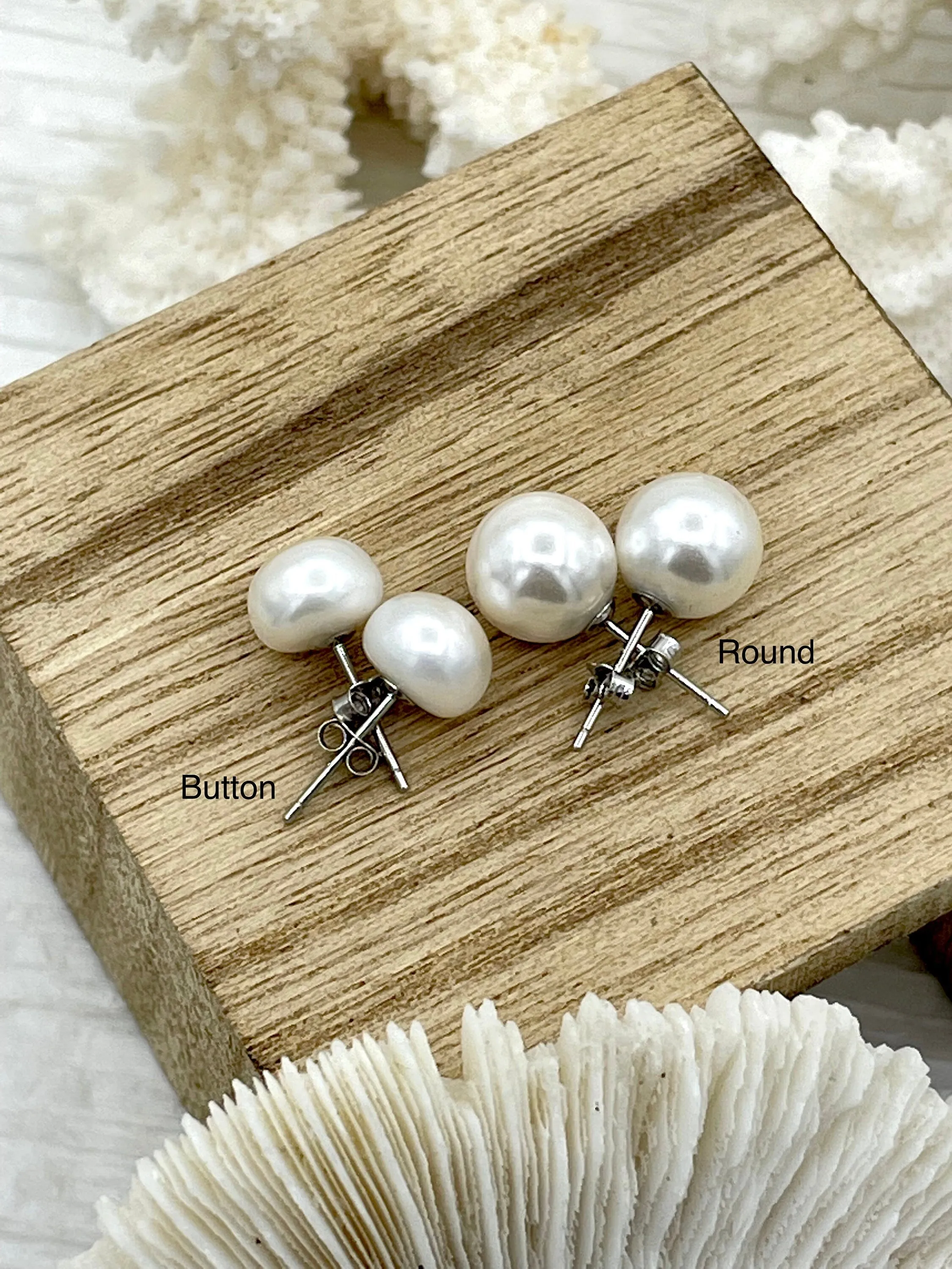 White Freshwater Pearl Stud Earrings, Sterling Silver Stud Earrings, Round or Button Shaped Pearl Studs, Statement Earrings, 7mm, Fast Ship