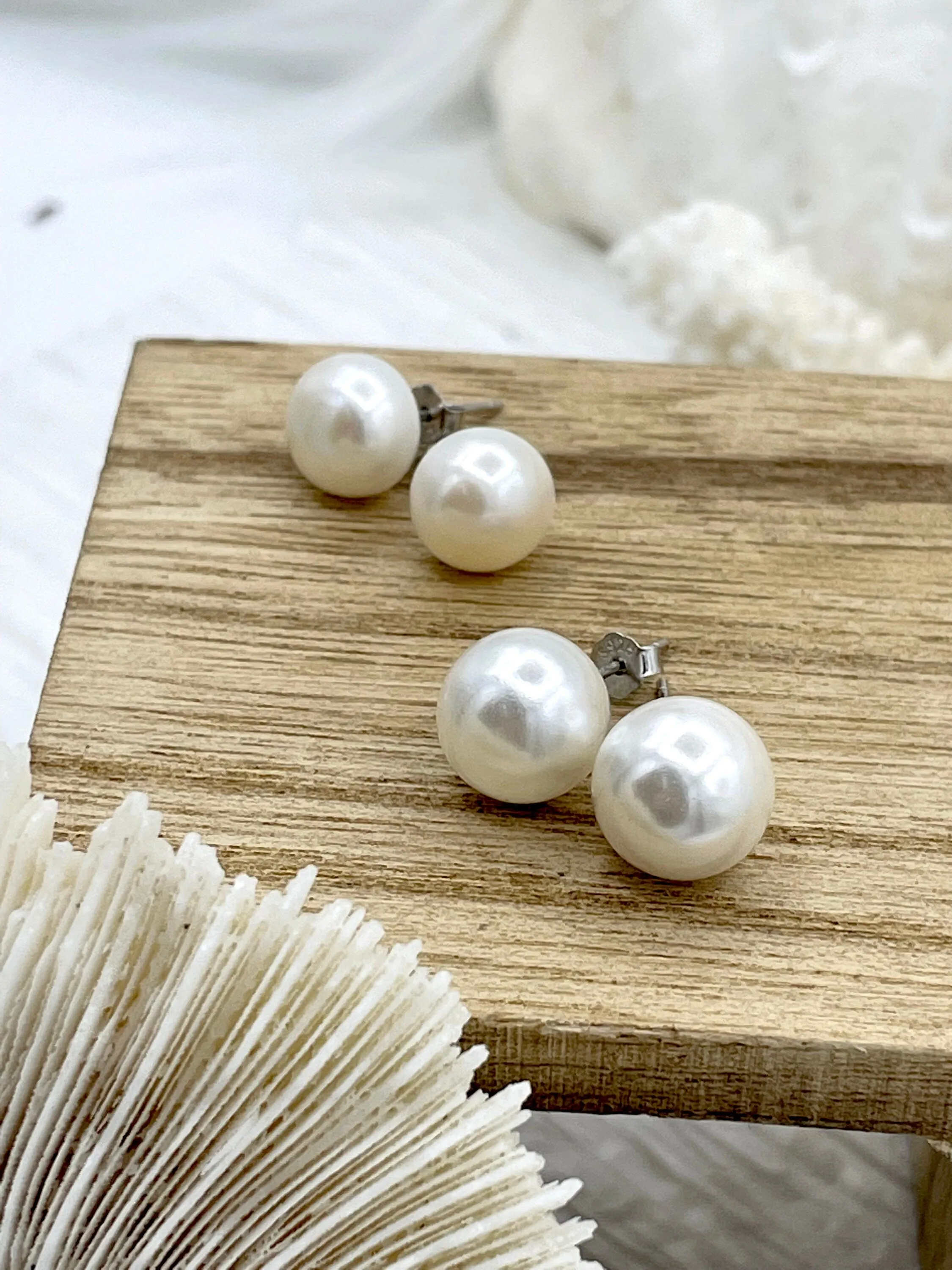 White Freshwater Pearl Stud Earrings, Sterling Silver Stud Earrings, Round or Button Shaped Pearl Studs, Statement Earrings, 7mm, Fast Ship