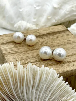 White Freshwater Pearl Stud Earrings, Sterling Silver Stud Earrings, Round or Button Shaped Pearl Studs, Statement Earrings, 7mm, Fast Ship